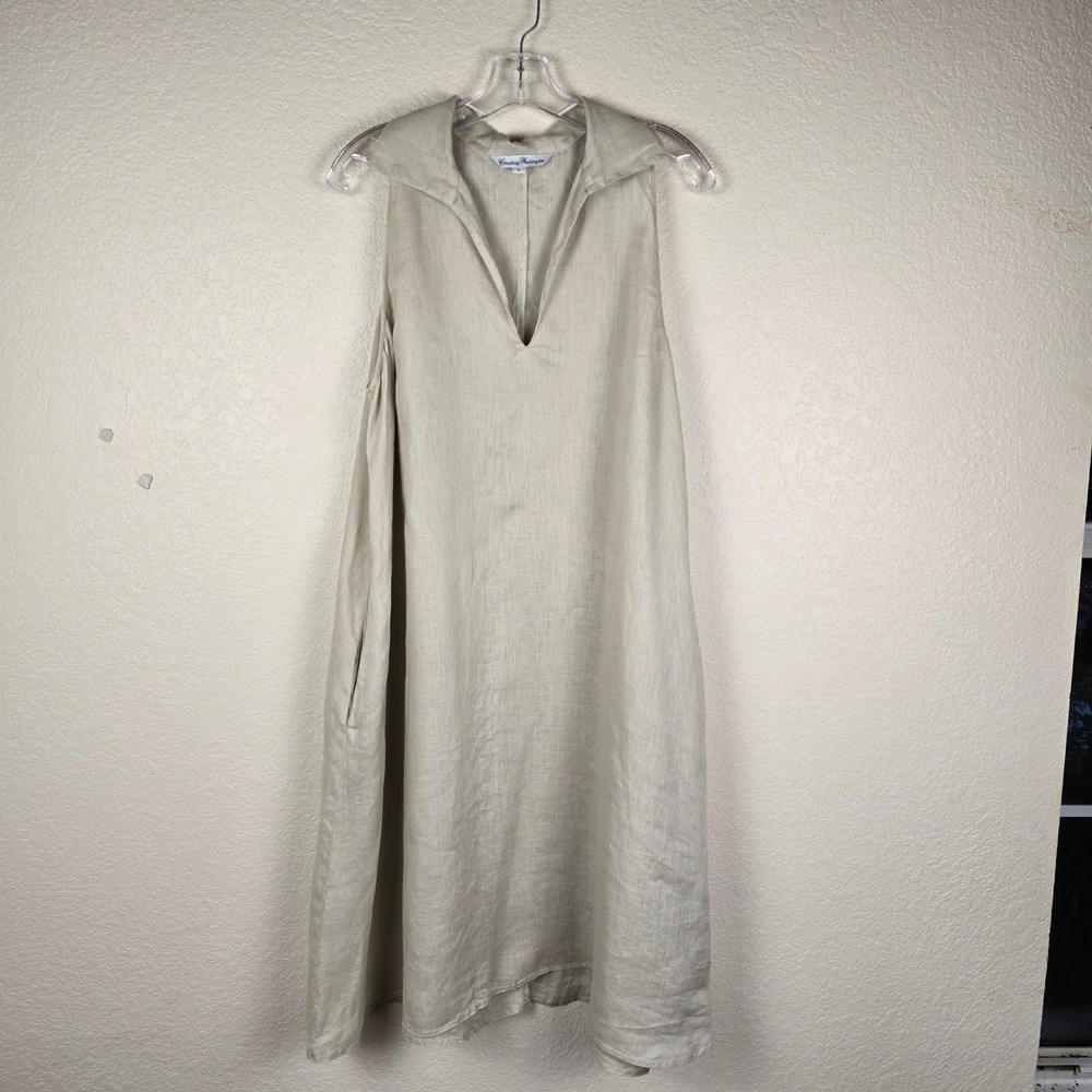 Courtney Washington Linen Midi Dress Tan Beige Large Pockets‎ Lagenlook